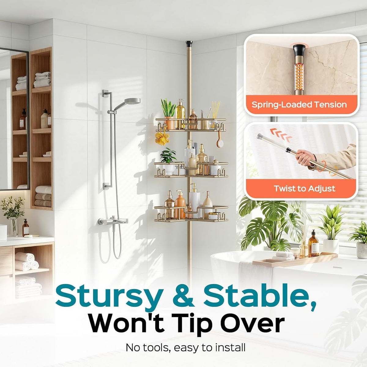 HAMITOR No-Drill Shower Rack, 4-Tier Corner Rustproof Tension Pole, Khaki