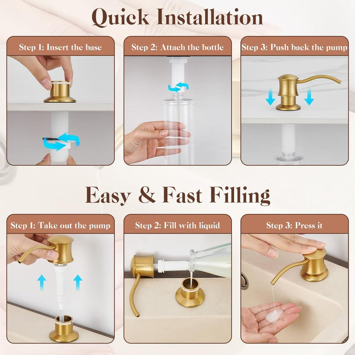 Built in Soap Dispenser for Kitchen Sink Countertop, Brass, Gold