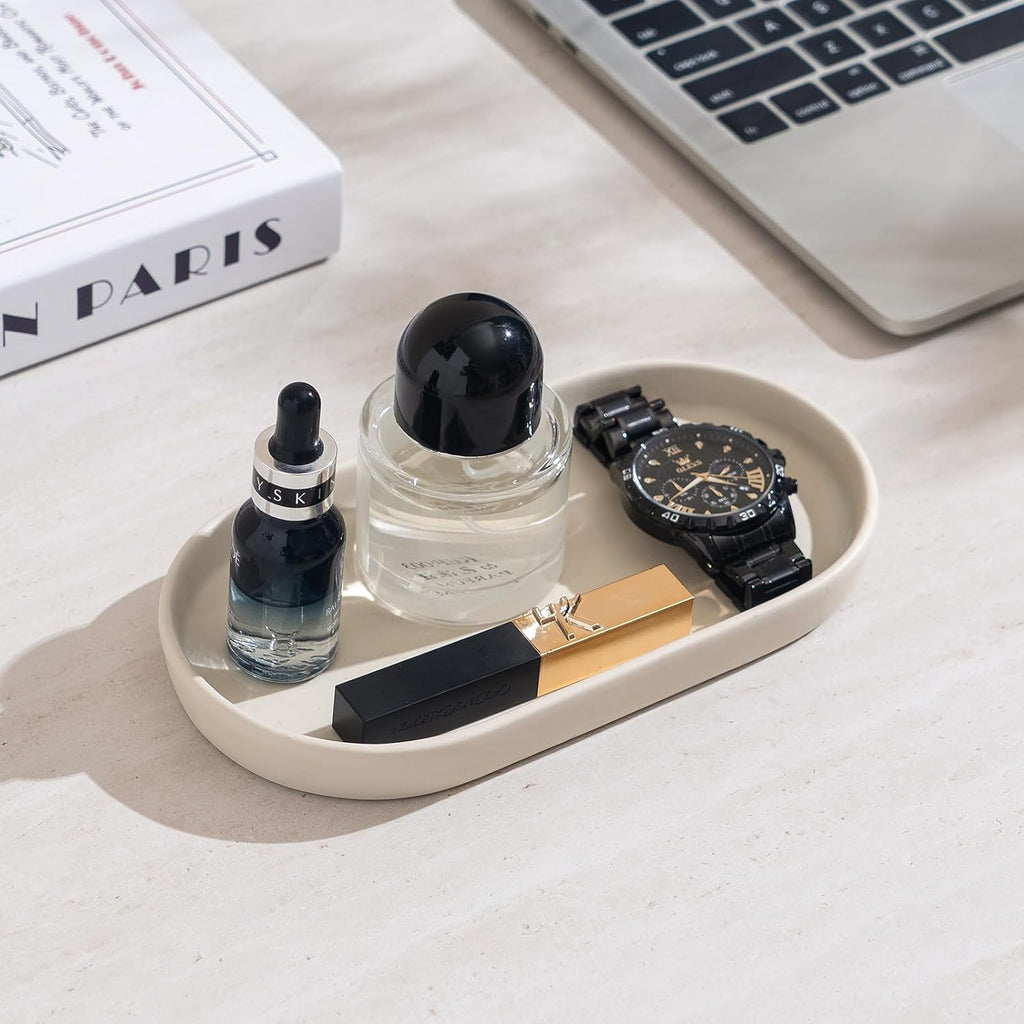 2 Pack Matte Beige Round Soap Dispenser Tray - 8'' Ceramic Vanity Tray & Organizer Plate Set, Bathroom & Kitchen Countertop Decor for Soap Dispenser, Jewelry, Cosmetics, Sink