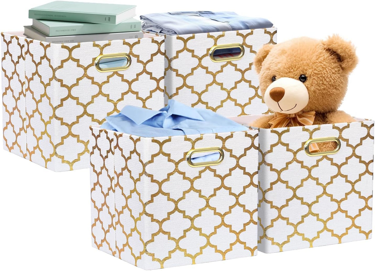 Posprica 11x11x11 Storage Cube Bins, Collapsible Storage Bins Fabric Storage Cubes Organizer Baskets Box Drawers for Shelves, Closet, Wardrobe, Bookshelf, Cabinet, Cream/Gold Lantern, 4 Pack