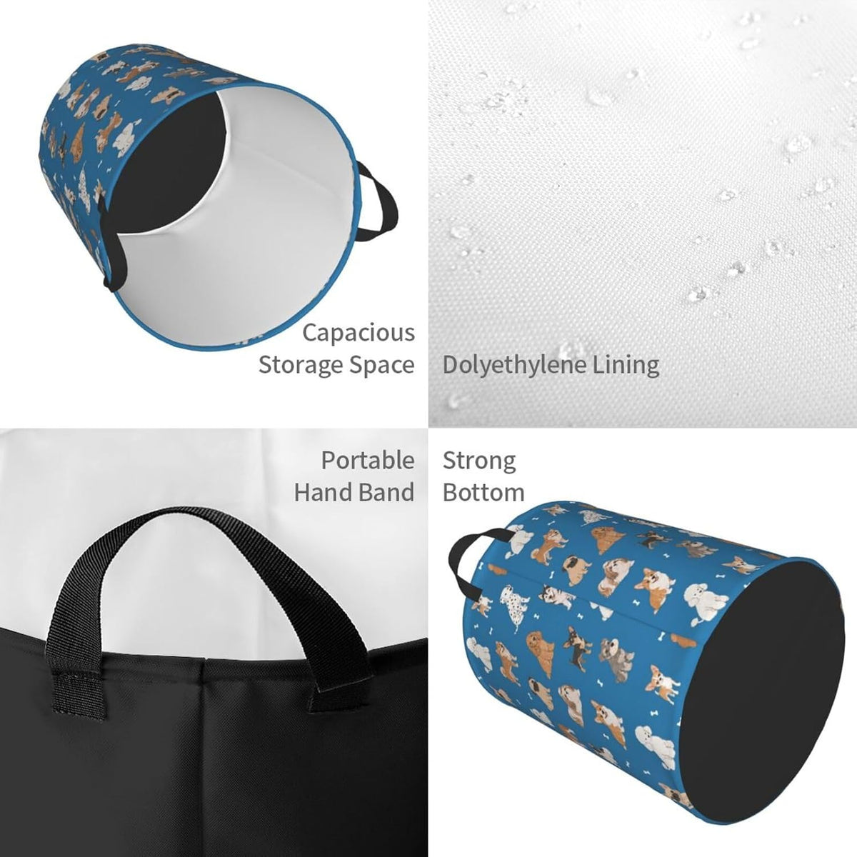 Cute Dog Animals Blue Round Laundry Hamper Storage Basket Toys Clothes Organizer Bin For Home Bathroom Bedroom Dorm Nursery, 38l