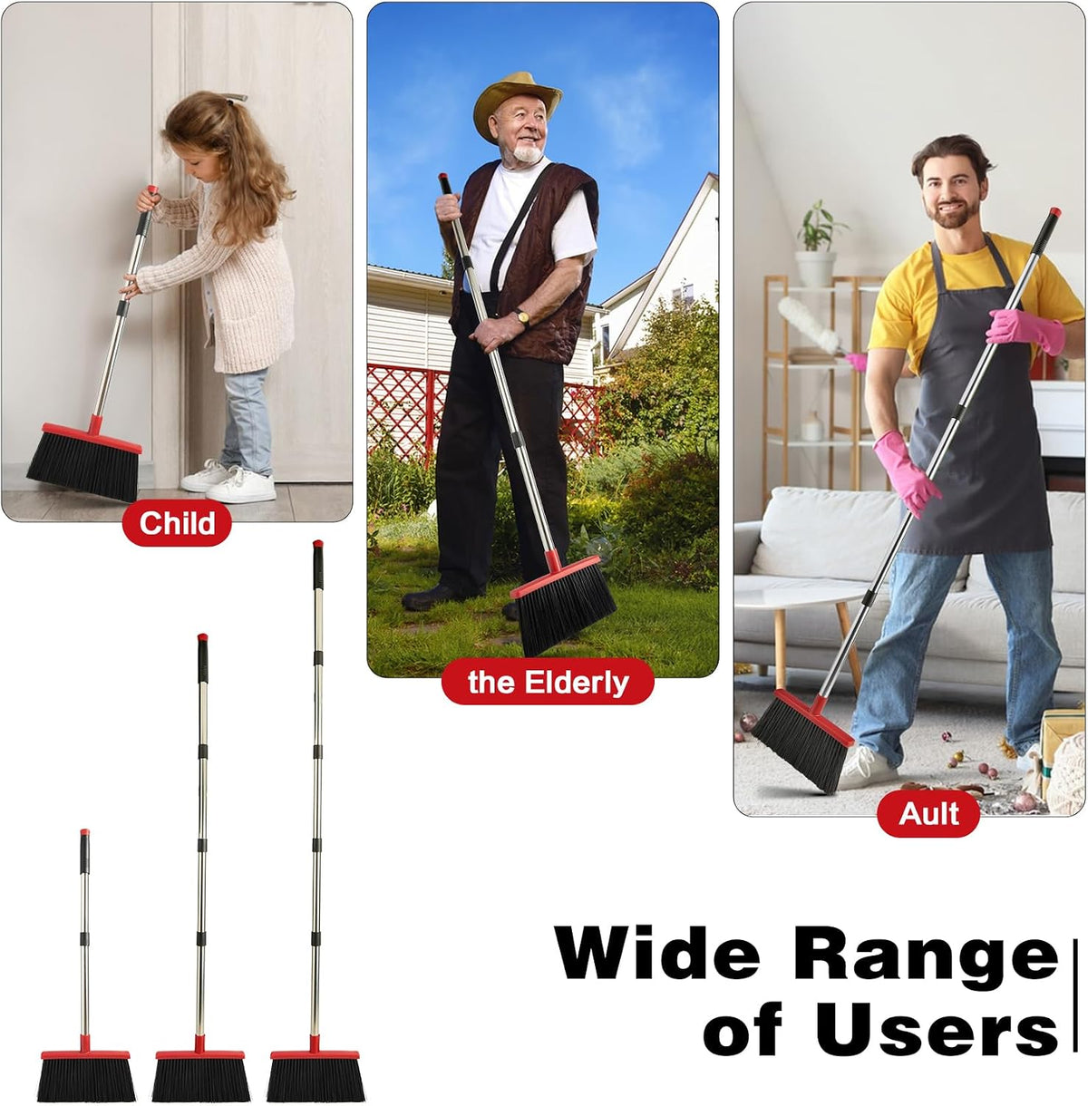 Broom and Dustpan Combo Set,Long Handle,Black Red