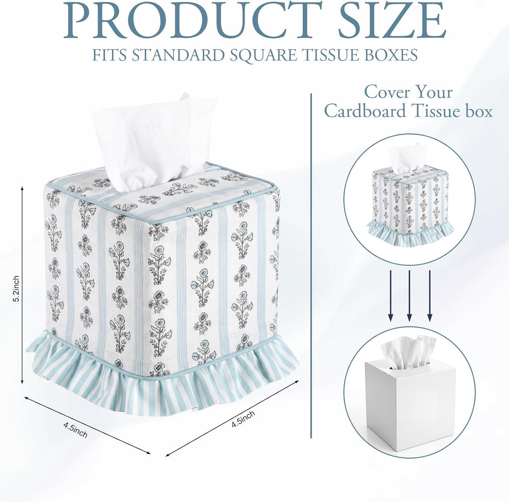 Grandmillennial Floral Ruffle Tissue Box Cover Block Printed