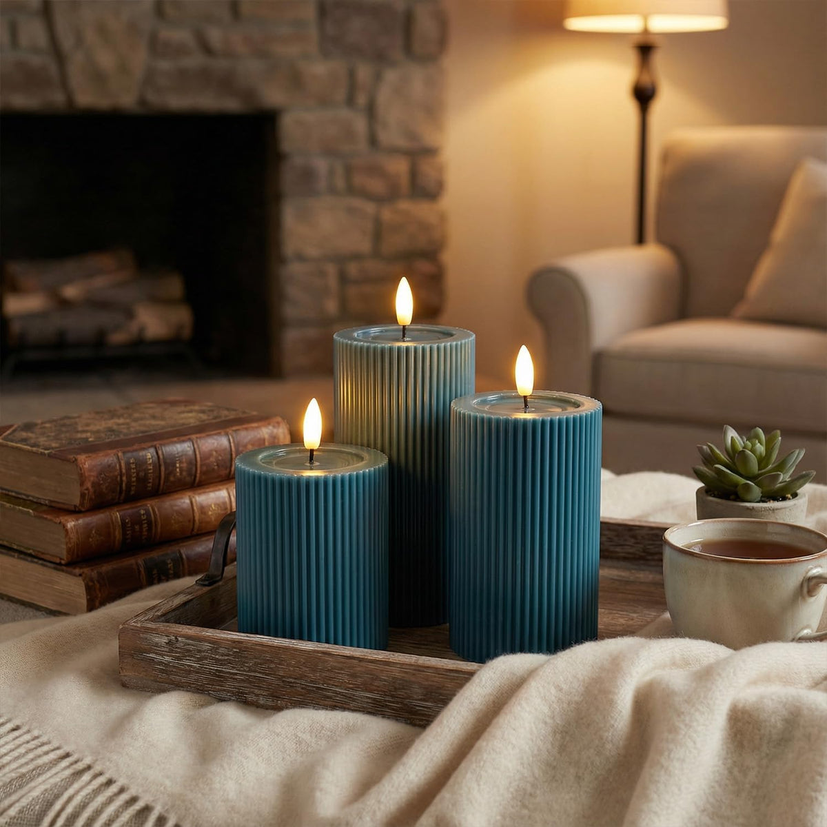 Fluted Ribbed LED Pillar Candles, Blue, with Realistic Reflective Melted-Wax Effect – Flickering Flame, Remote, Dimmable, Flameless, Battery Operated, Home & Wedding Decor (Set of 3)