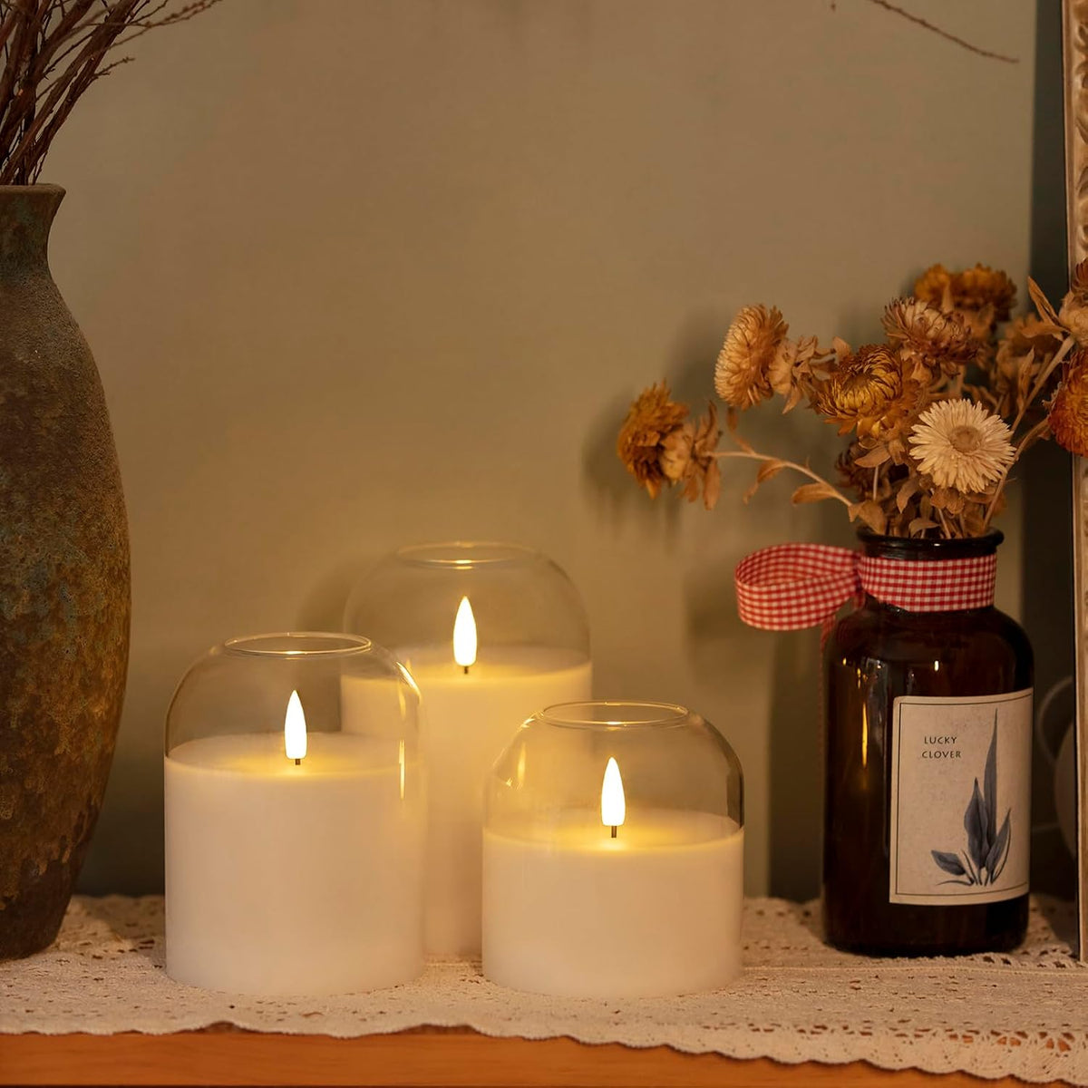 volnyus Clear Glass Flameless Candles with Remote Battery Operated Flickering LED Pillar Candles Real Wax Wick Φ 3" H 4" 5" 6", White
