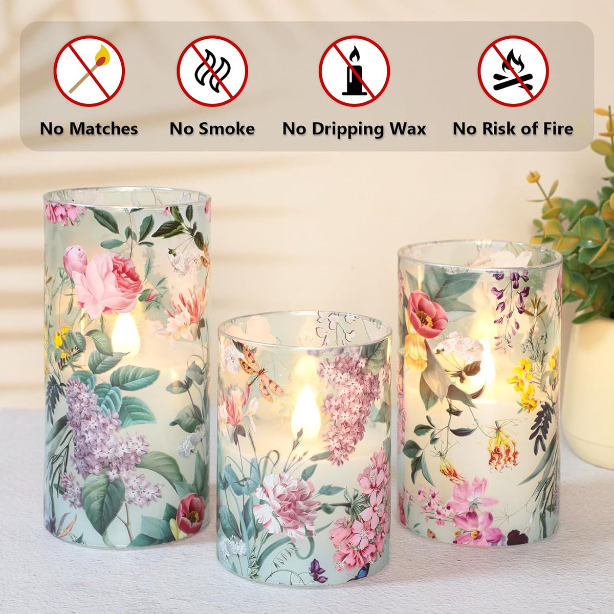 Glass Flameless Candles with Remote Timer Floral Battery Operated LED Flickering Blue Pillar Candle Real Wax Spring Summer Garden Dinner Christmas Holiday Farmhouse Decor D3 x H4, 5", 6"