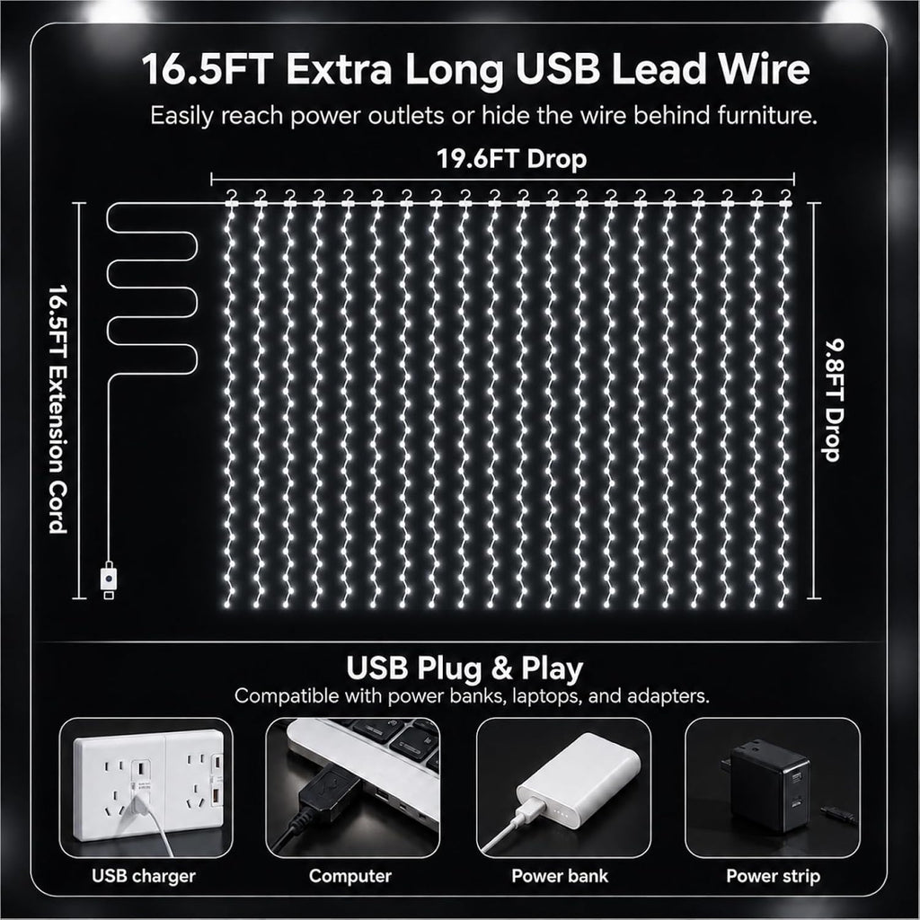 Fairy Curtain Light, 600LED 19.6x9.8ft, Remote & 8 Modes, USB