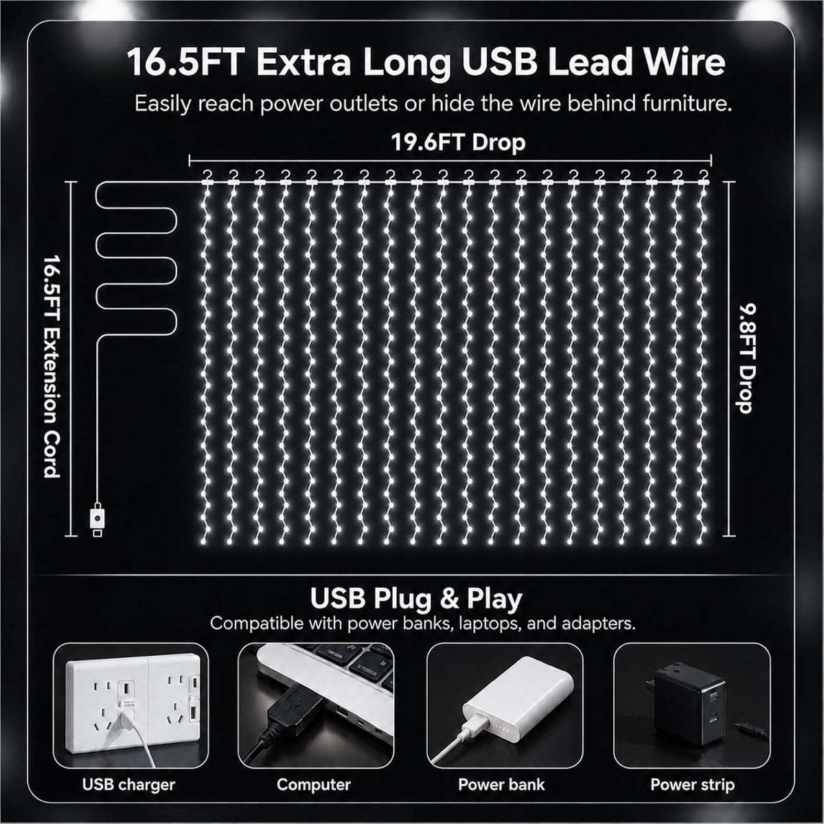 Fairy Curtain Light, 600LED 19.6x9.8ft, Remote & 8 Modes, USB