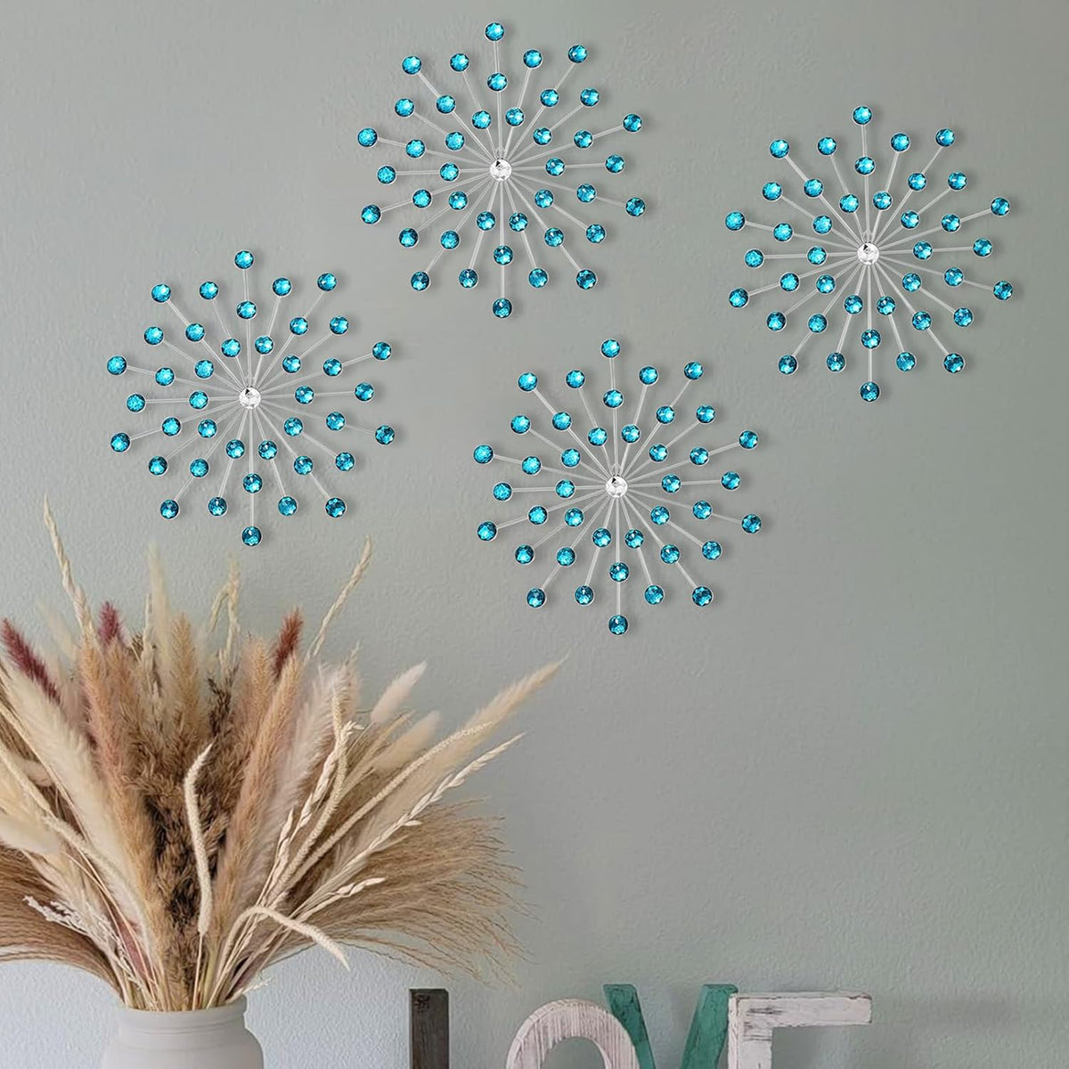 SIYIKRYP Set of 4 Crystal Sunburst Wall Decor – 9.8" Metal Wall Art with Blue Rhinestone Accents – Modern 3D Starburst Hanging Ornaments for Living Room, Bedroom, Office