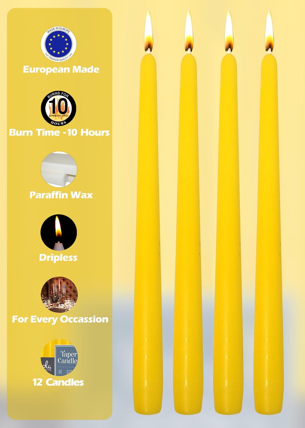 Hyoola Tall Taper Candles - 12 Inch Yellow Unscented Dripless Taper Candles - 10 Hour Burn Time - 12 Pack