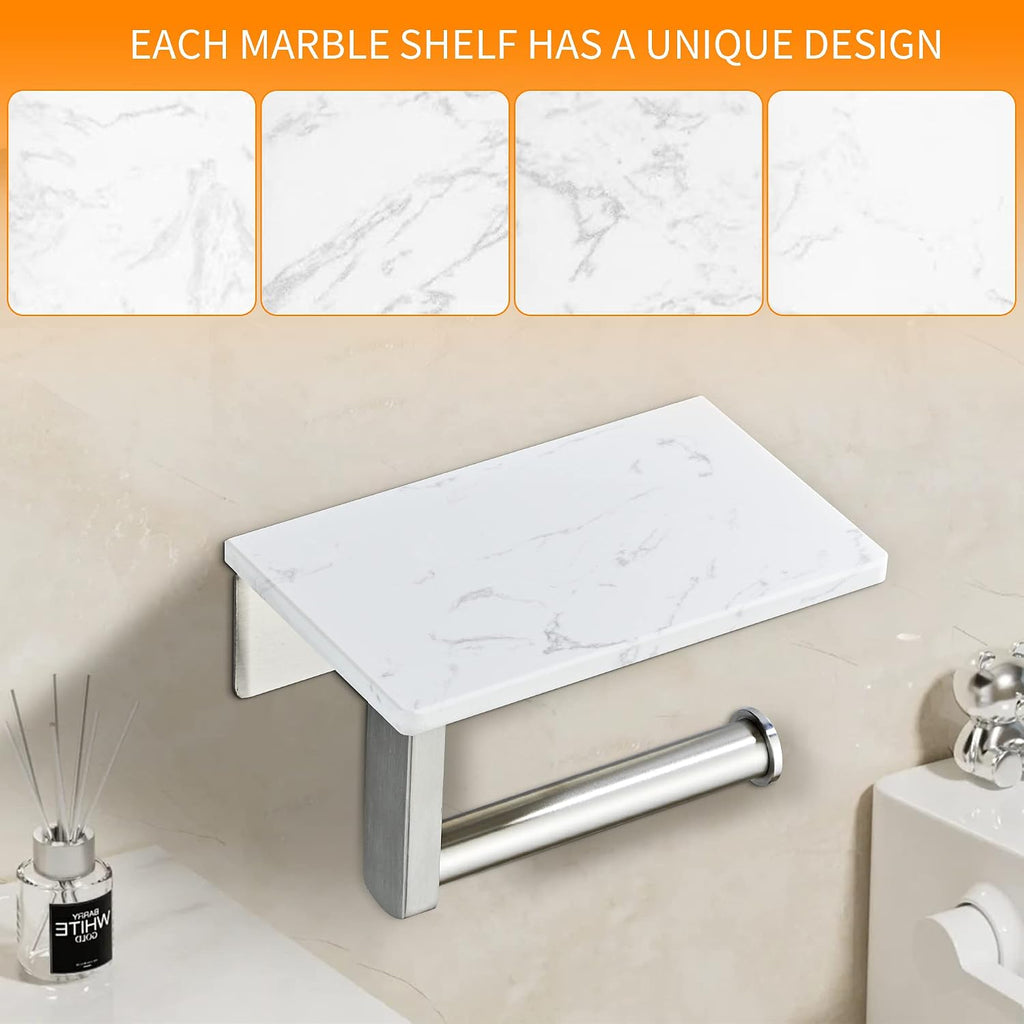 Brushed Nickel Toilet Paper Holder with Marble-Look Shelf, Wall Mounted SUS304 Stainless Steel Toilet Roll Holder with Phone Storage