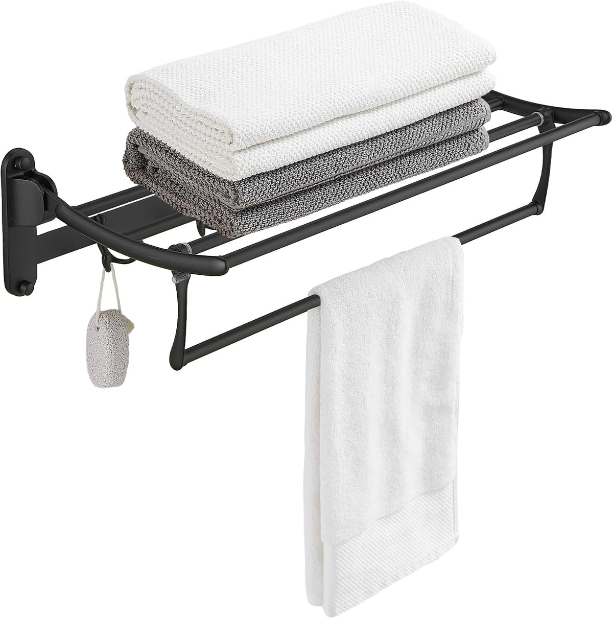 BESy Towel Racks with Foldable Towel Bar Hooks, Wall Mounted Matte Black