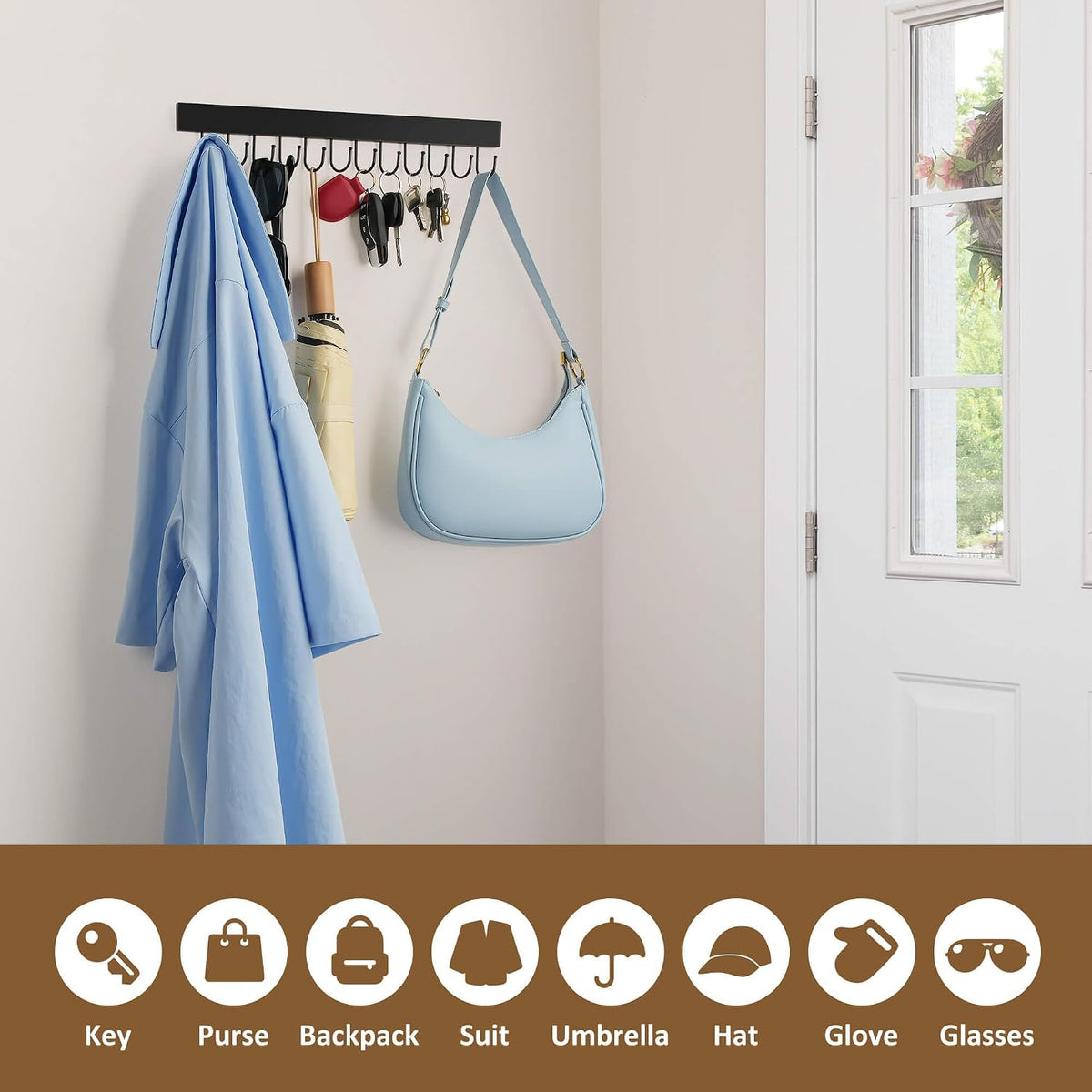 ZEDODIER Key Holder for Wall, Key Hanger Wall Mount with 12 Adjustable Hooks for Wall, Wooden Key Rack Decor for Entryway Front Door Kitchen Hallway Garage Mudroom, Black