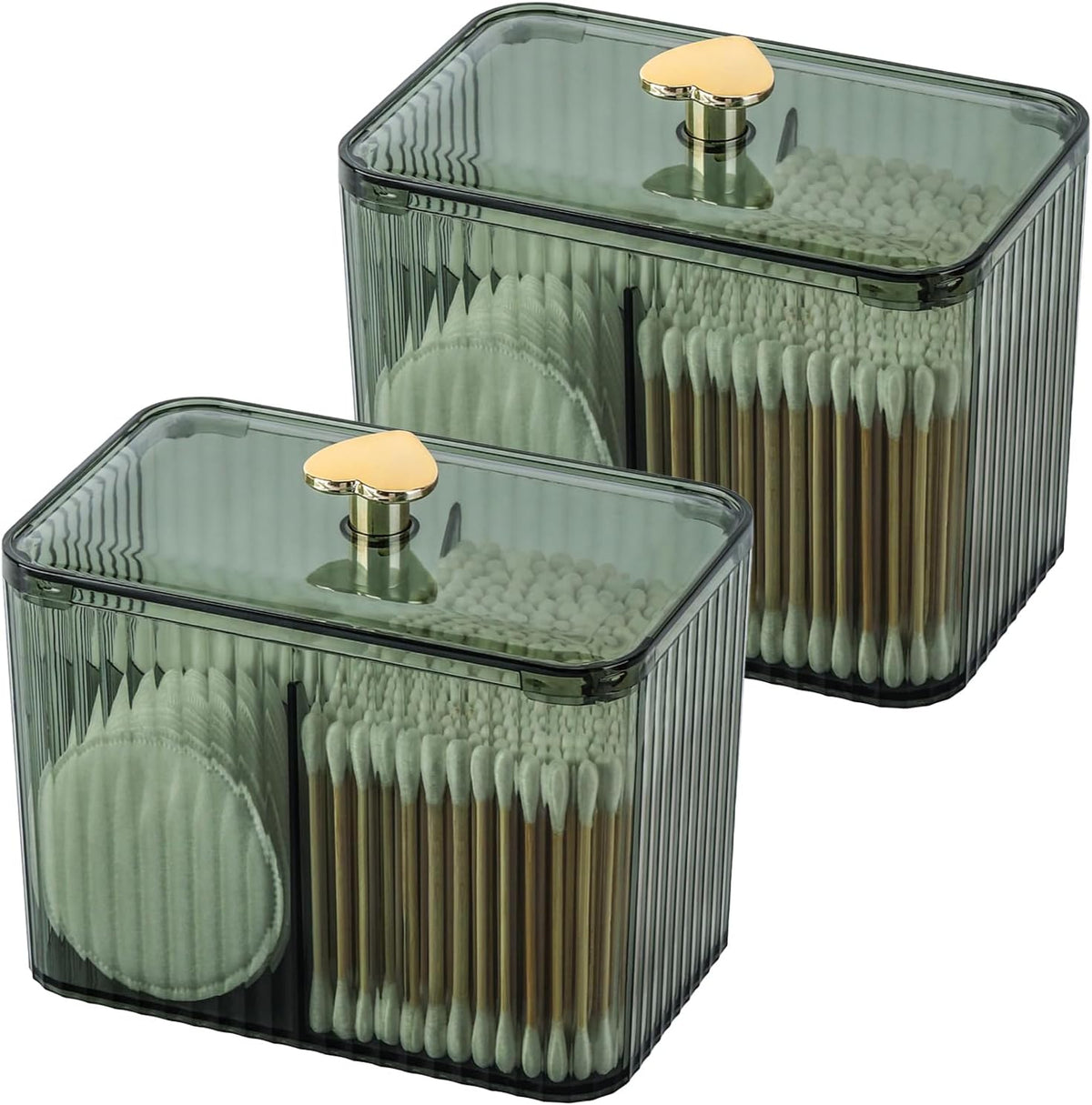 Tbestmax Qtip Holder Dispenser 3-Section Clear Bathroom Organizer Jar 3 Grids Cotton Swab/Pad/Ball Holder Container Cosmetics Storage for Vanity(2 Pack Green)