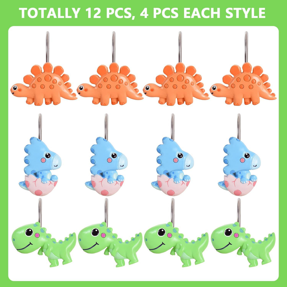 12-Piece Dinosaur Shower Curtain Hooks for Bathroom