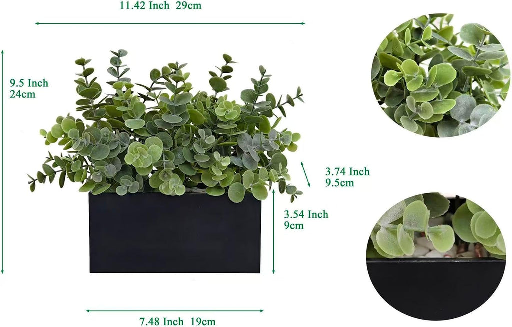365 Blooming Decor Fake Eucalyptus Plants in Black Planter Box - Luxury Potted Artificial Eucalyptus Greenery with Real Pebbles for Farmhouse Bathroom, Shelf, Windowsill Décor//No Assembly Required//
