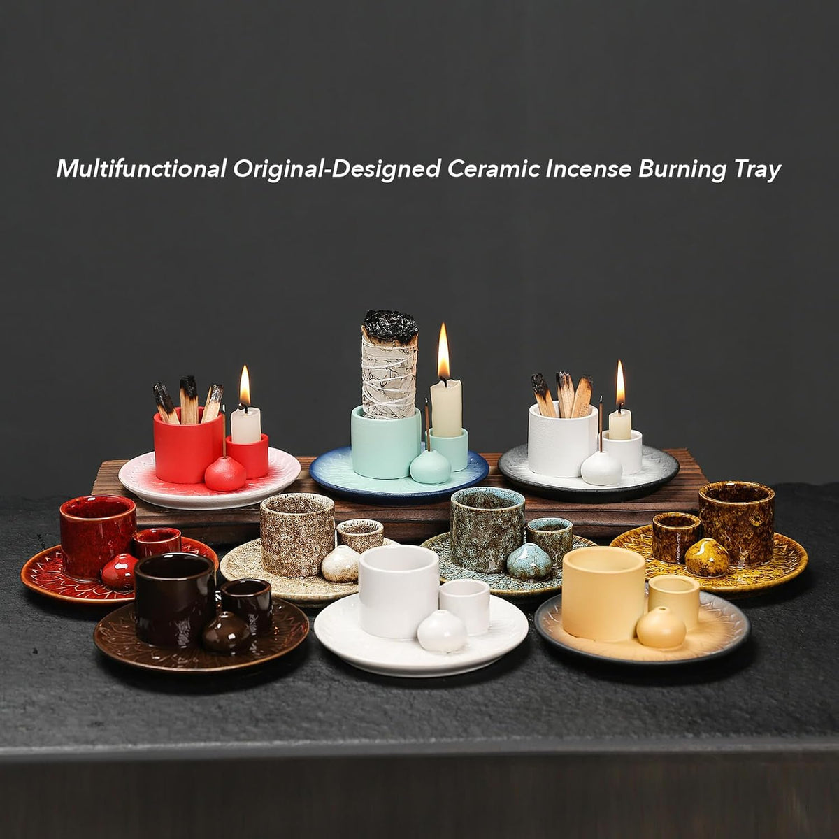 4 in 1 Multifunctional Ceramic Incense and Candle Holder with Ash Catcher Tray Suit for Burning White Sage, Palo Santo Sticks (Sky Blue)
