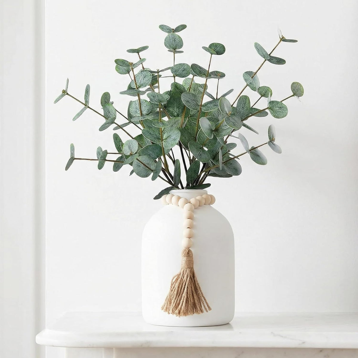 6 Pcs Artificial Eucalyptus Stems in Large White Vase ,18" Artificial Greenery Stems Centerpieces Fake Eucalyptus Stems 9 in Tall Vase Home Decor Coffee Table Kitchen Table Centerpieces Decor (White)
