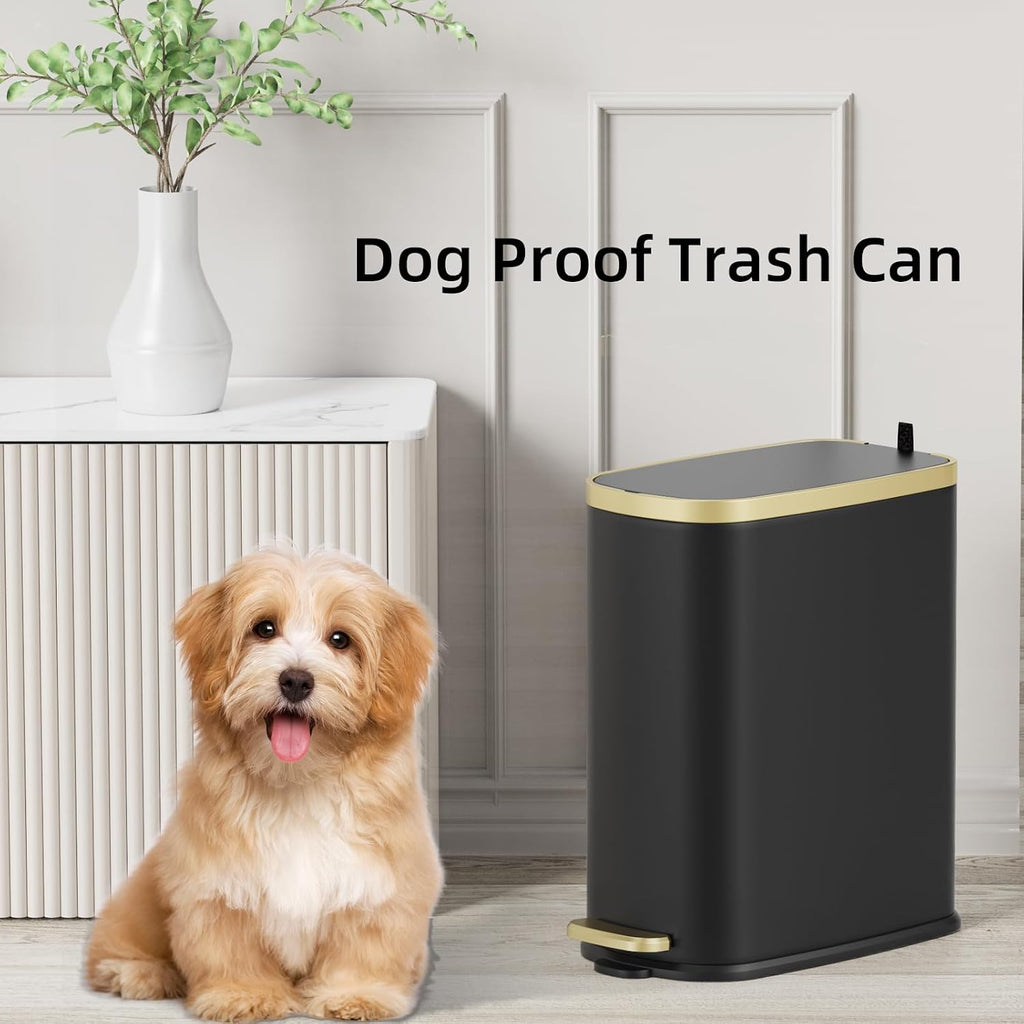 KUK Small Bathroom Trash Can with Lid Soft Close, Step Pedal, 2.6 Gal Stainless Steel Garbage Can with Removable Inner Bucket, Anti-Fingerprint Wastebasket for Office, Bedroom, Toilet (Black)