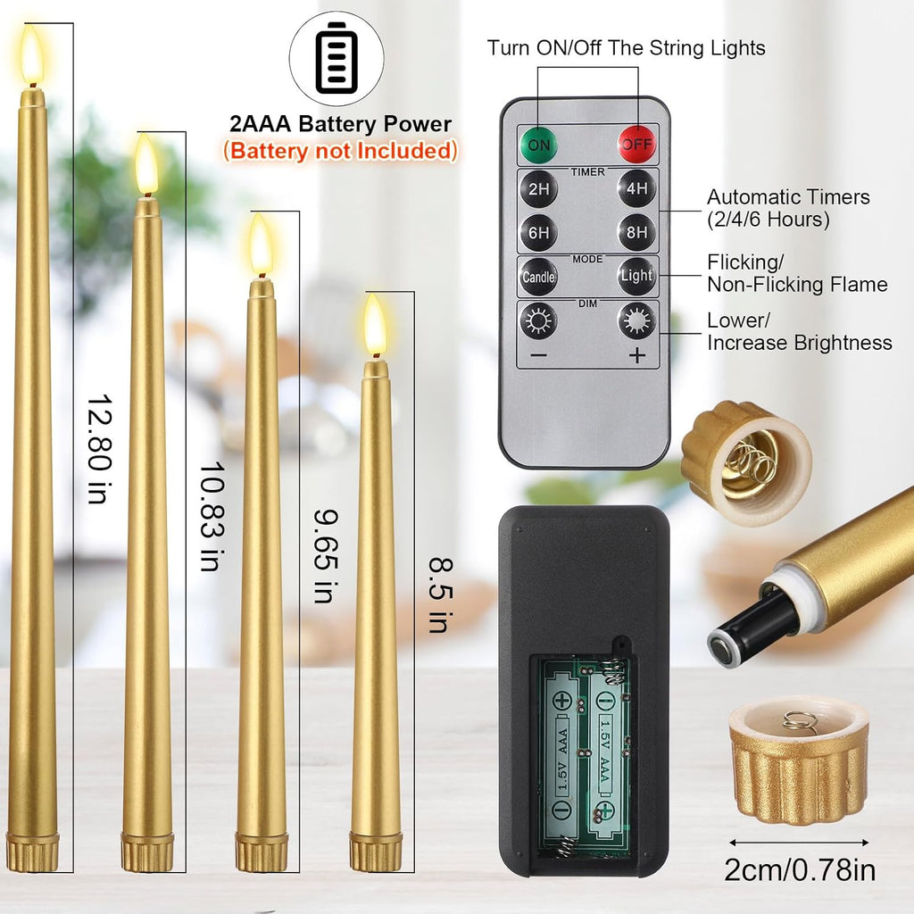Rossesay 28 Pcs Flameless Taper Candles with Timer Remote, Gold