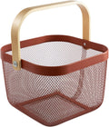 AJIODA Metal Mesh Steel Basket, Storage Organizer Basket Multi-functional Hanging Kitchen Baskets Fruit Basket Bin with Bamboo Handle for Kitchen Bathroom Picnic Shopping Decor Cabinet Home, Red