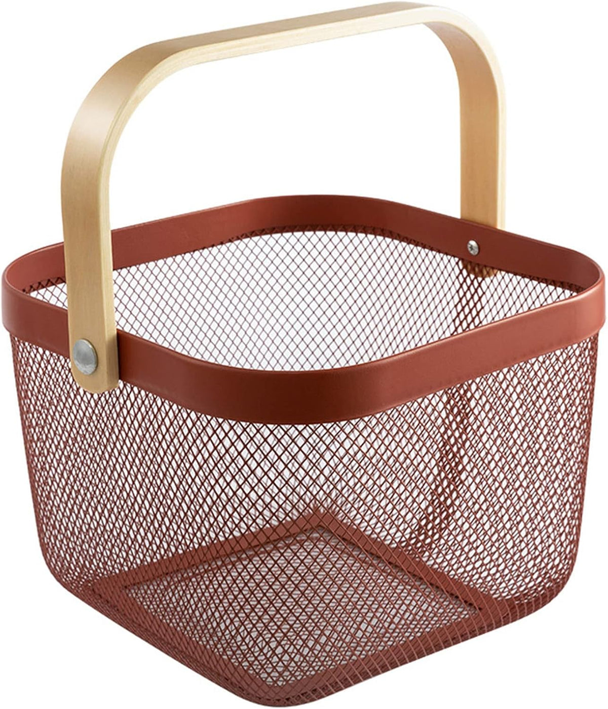 AJIODA Metal Mesh Steel Basket, Storage Organizer Basket Multi-functional Hanging Kitchen Baskets Fruit Basket Bin with Bamboo Handle for Kitchen Bathroom Picnic Shopping Decor Cabinet Home, Red