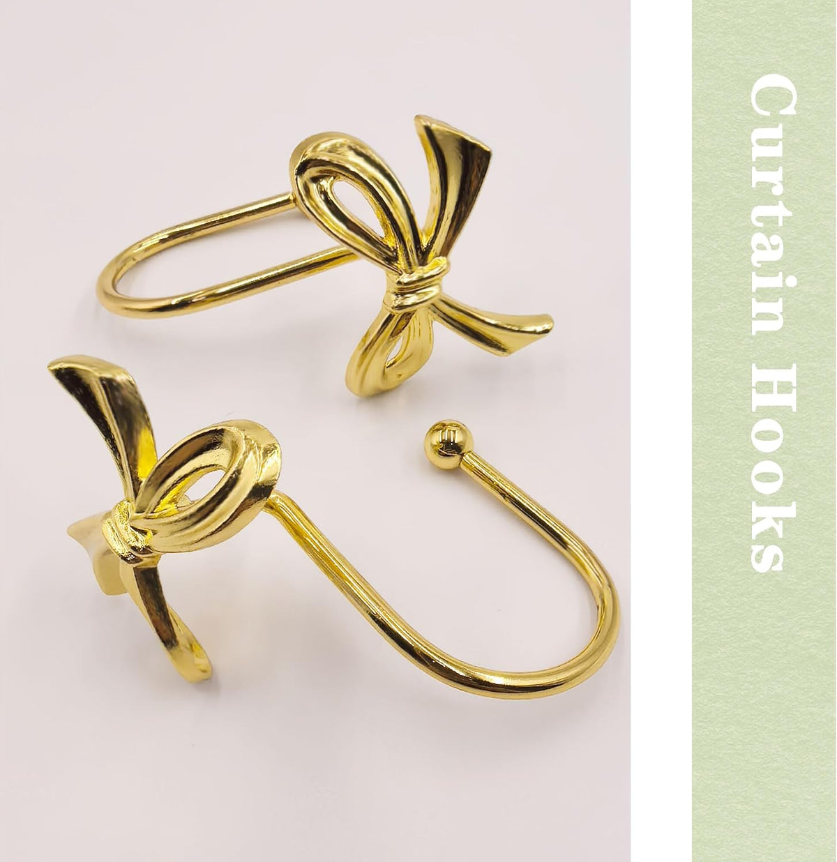 Gold Shower Curtain Hooks, 12 Pack Bow Shower Curtain Rings, Decorative Metal Rust Proof Curtain Hangers with 3D Ribbon Design, Cute Coquette Bathroom Decor