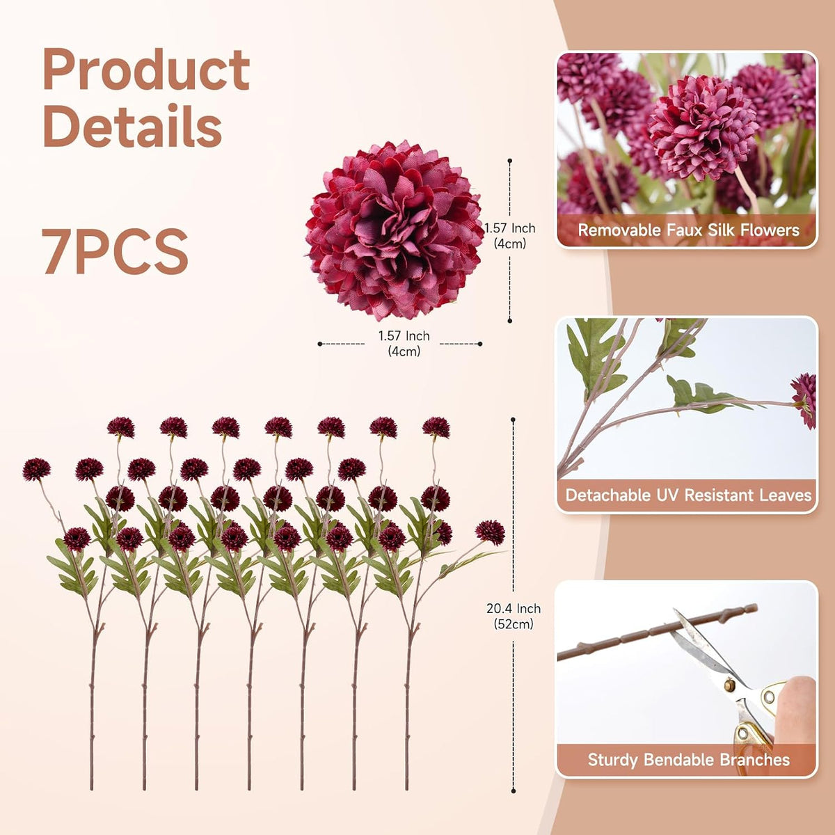 Faux Silk Mums Artificial Flowers - 7Pcs Artificial Mums Bendable Long Stems, Faux Flowers For Vase, Table, Wedding & Wreath Home Décor, Chrysanthemum Pom Pom Floral Arrangement, Burgundy (No Vase)