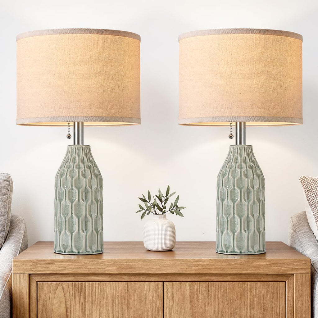 Modern Ceramic Table Lamps Set of 2 for Living Room Bedroom, Green