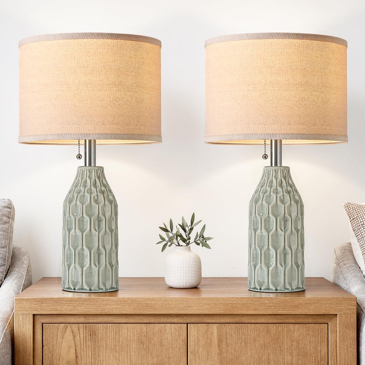 Modern Ceramic Table Lamps Set of 2 for Living Room Bedroom, Green