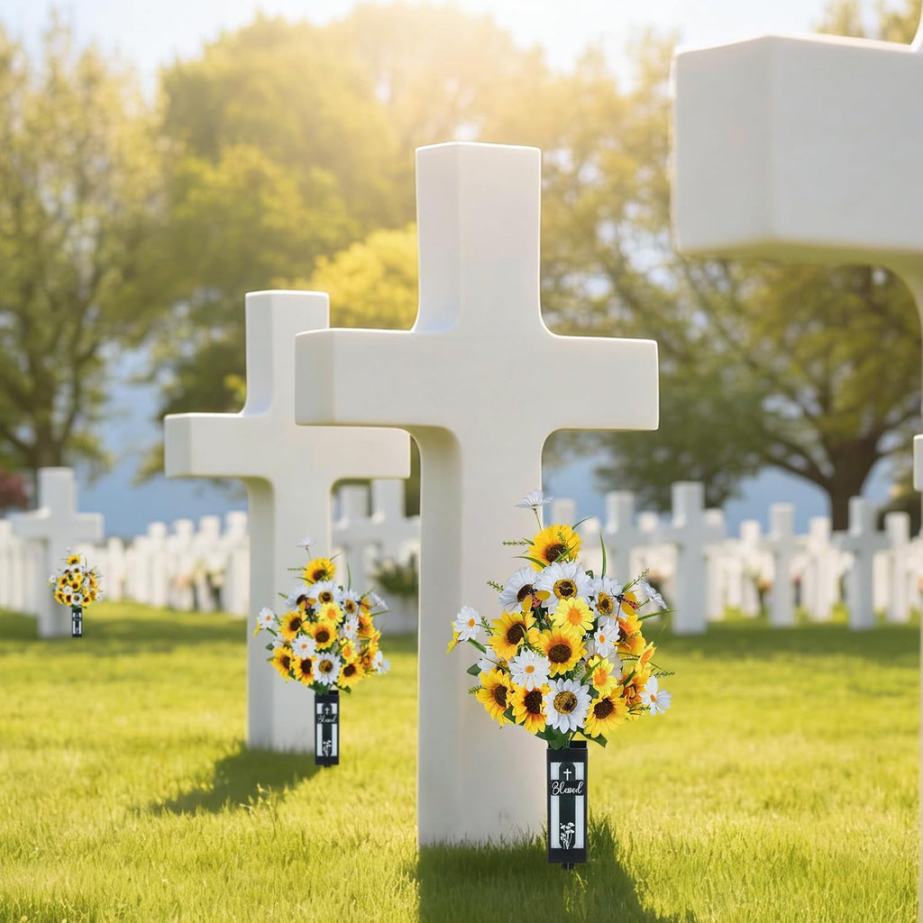 Artificial Cemetery Flowers for Grave: Sunflower with Vase, 2 Pcs