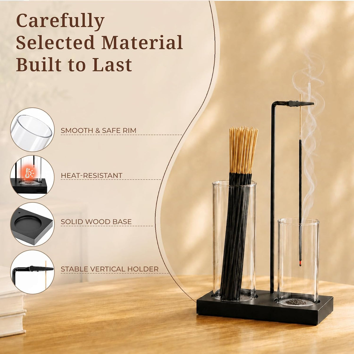 Incense Holder for Sticks, with Glass Ash Catcher, for Yoga Spa Home Decor