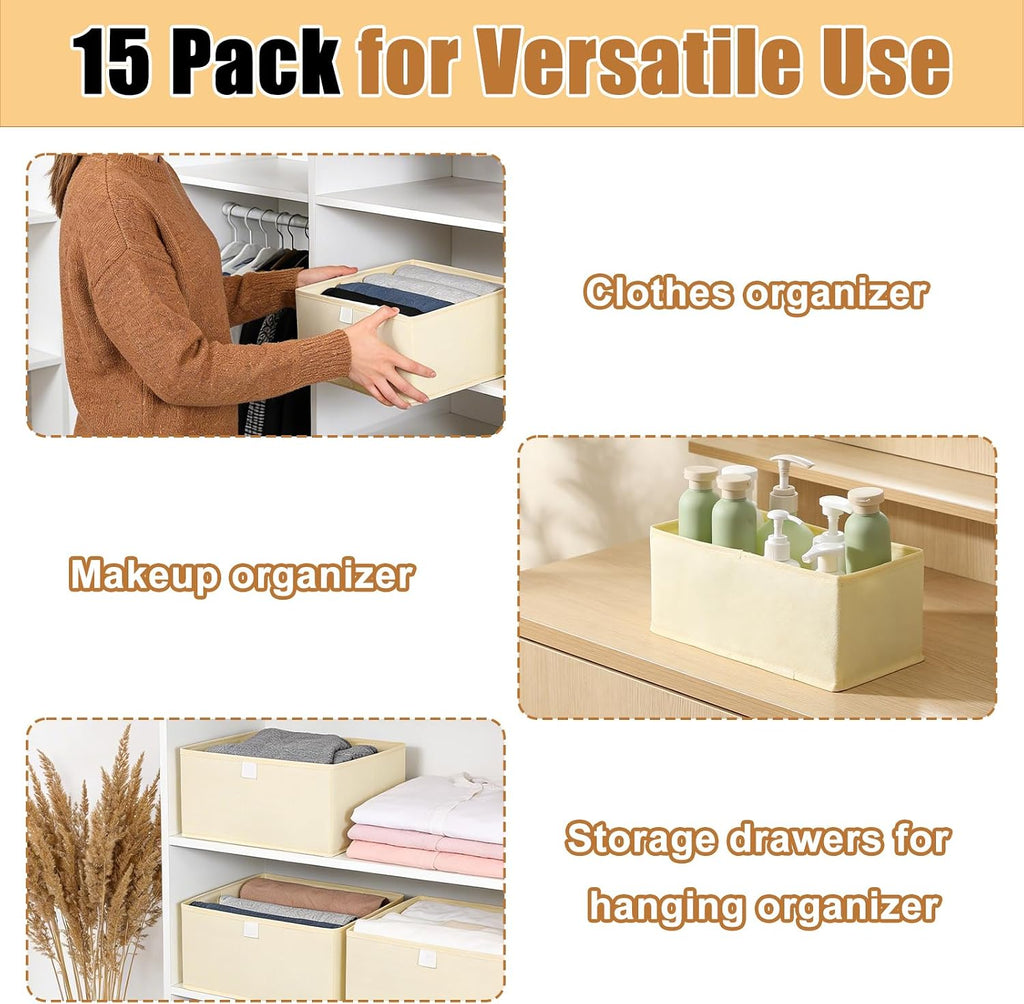 15 Pack Drawer Organizer for Clothes, Dresser Organizer for Baby Clothes, Foldable Closet Storage Dividers & Bins for Nursery, Bedroom, Underwear, Socks, Bras, and Ties (Beige)