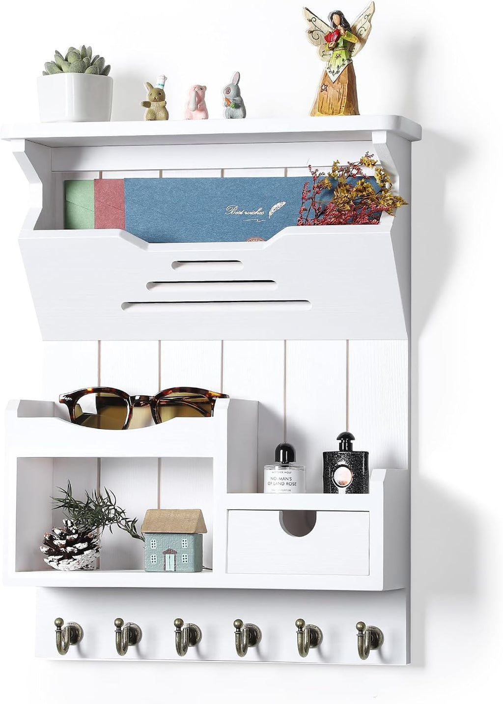 DOPACE Handcrafted Pine Wood Mail Organizer & Key Holder, White