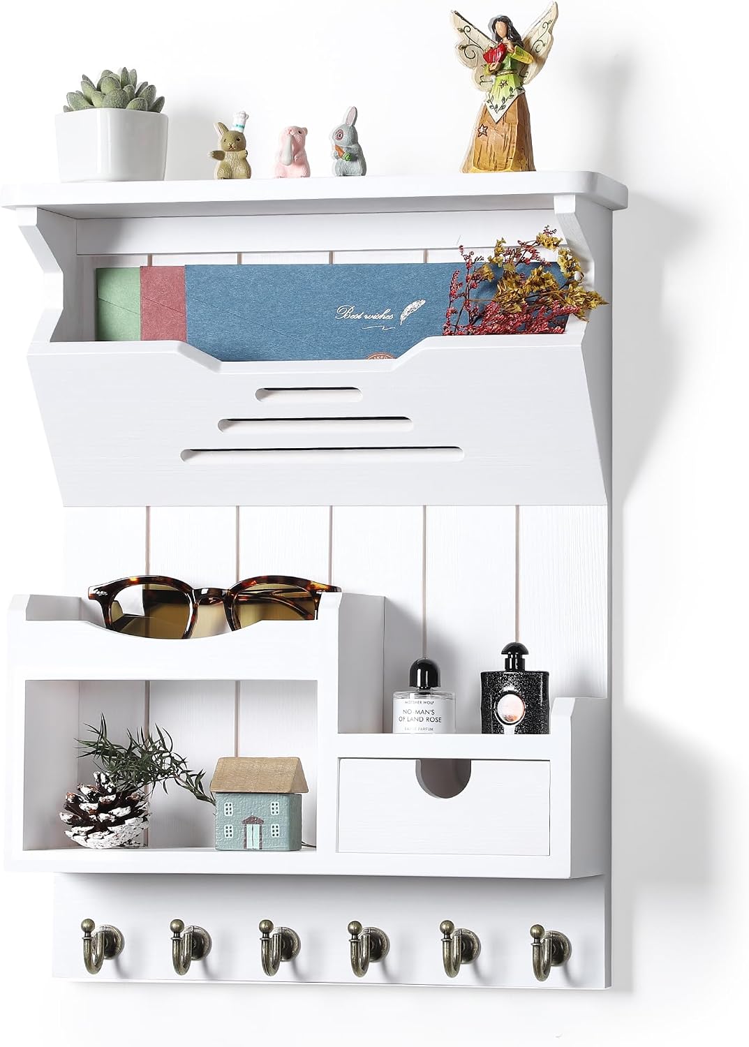 DOPACE Handcrafted Pine Wood Mail Organizer & Key Holder, White