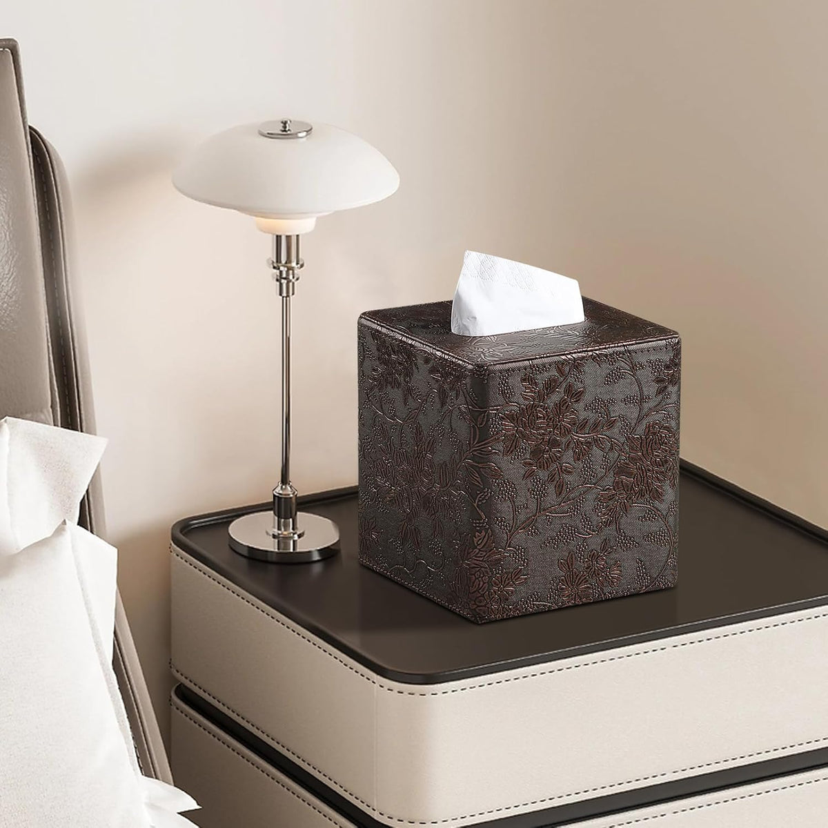 Square Tissue Box Cover, Stylish Leather Tissue Box Holder with Magnetic Bottom, Used As A Decorative Tissue Holder for Living Rooms, Bedrooms, and Desks (Brown Grape Pattern)