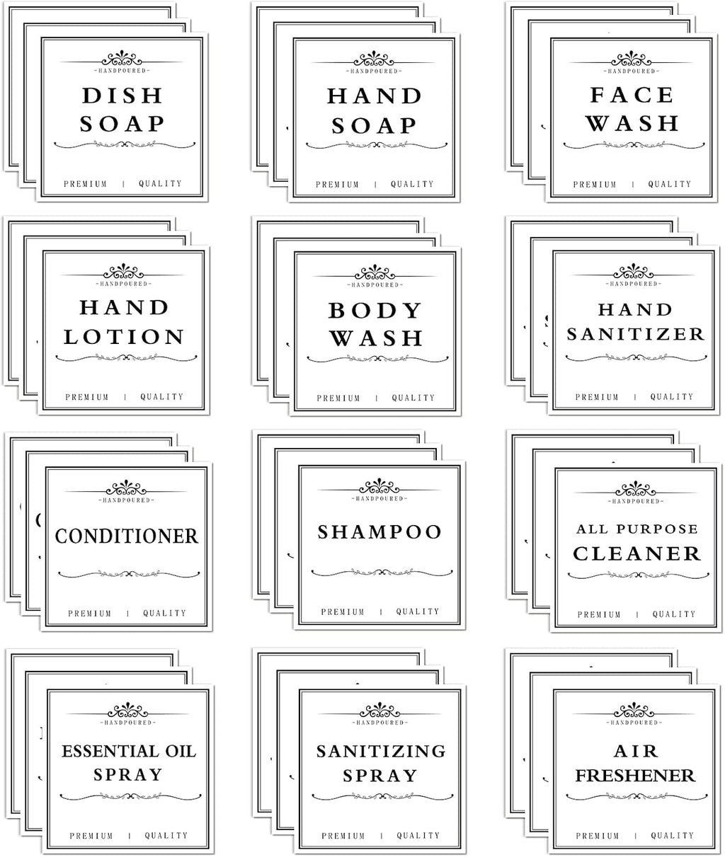 36PCS Waterproof Labels for Bottles, Hand Soap Lotion Shampoo and Conditioner Dispenser Label Stickers, Removable Cleaning Bathroom Labels for Glass or Plastic Bottles(3"x3")