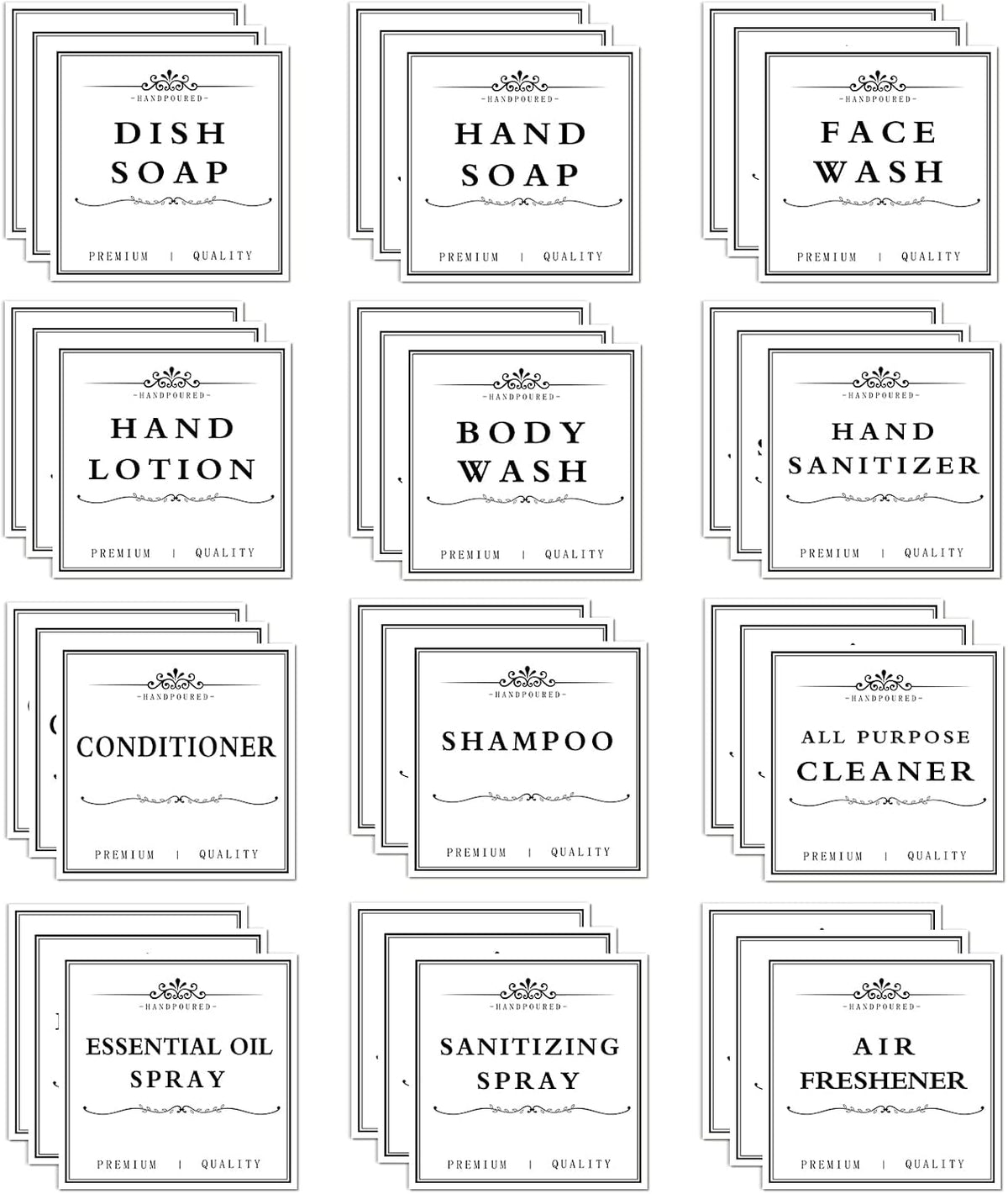 36PCS Waterproof Labels for Bottles, Hand Soap Lotion Shampoo and Conditioner Dispenser Label Stickers, Removable Cleaning Bathroom Labels for Glass or Plastic Bottles(3"x3")