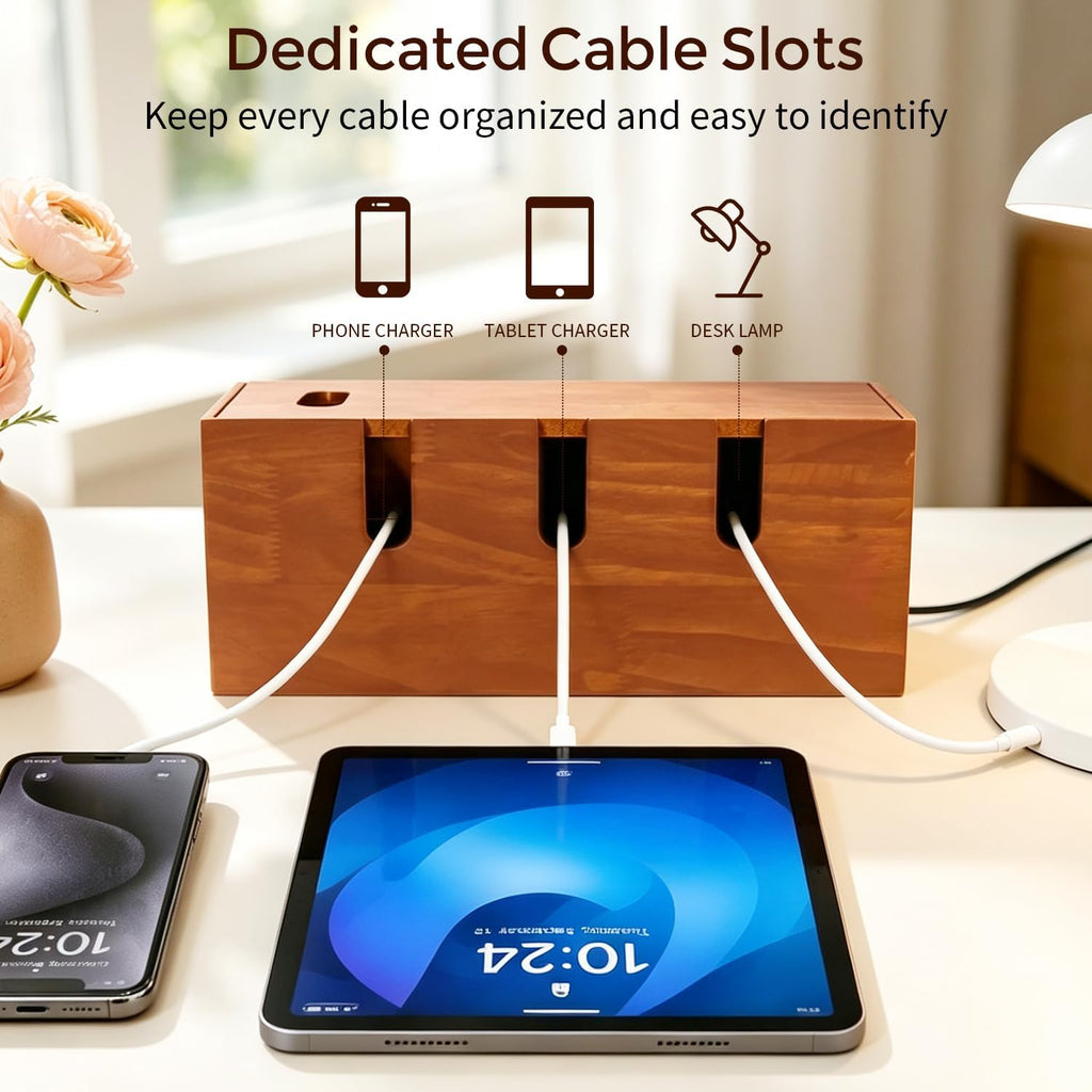 Wooden Cable Management Box, Power Strip Cord Hider with 5 Cable Slots