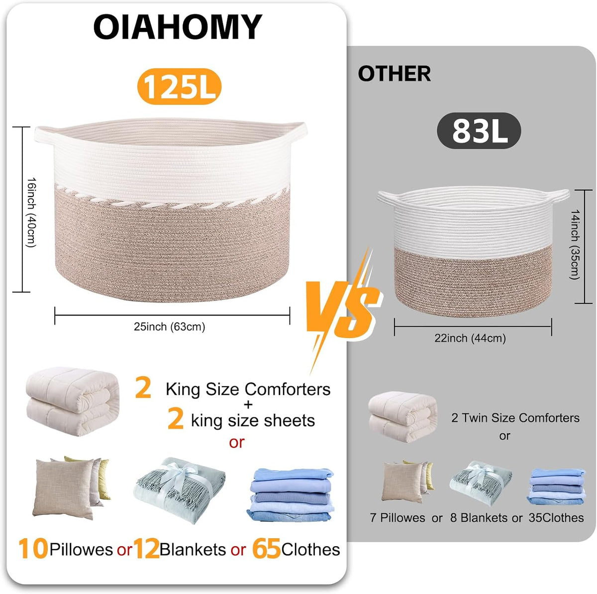 OIAHOMY 125L Extra Large Blanket Basket, Jumbo Cotton Laundry Basket Brown