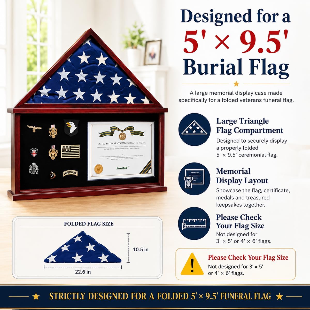 Snail Flag Display Case Large Military Shadow Box for a Folded 5'x9.5' Flag