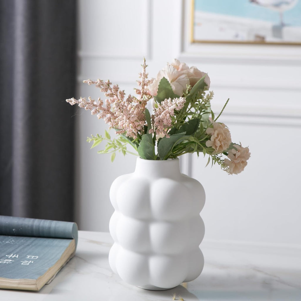 Mowtanco White Ceramic Vase, Modern Small Vase for Centerpiece 6.7" Tall
