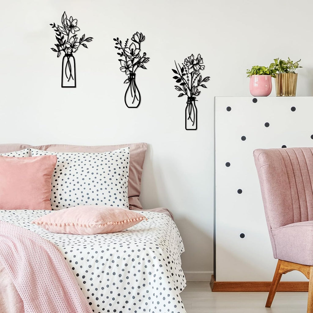 ARTINME 3 Pieces Metal Flowers Wall Arts - Rustic Farmhouse Decor Minimalist Flower Wall Decors for Living room Bathroom Kitchen Bedroom Dining Room - Housewarming Gifts (Black)