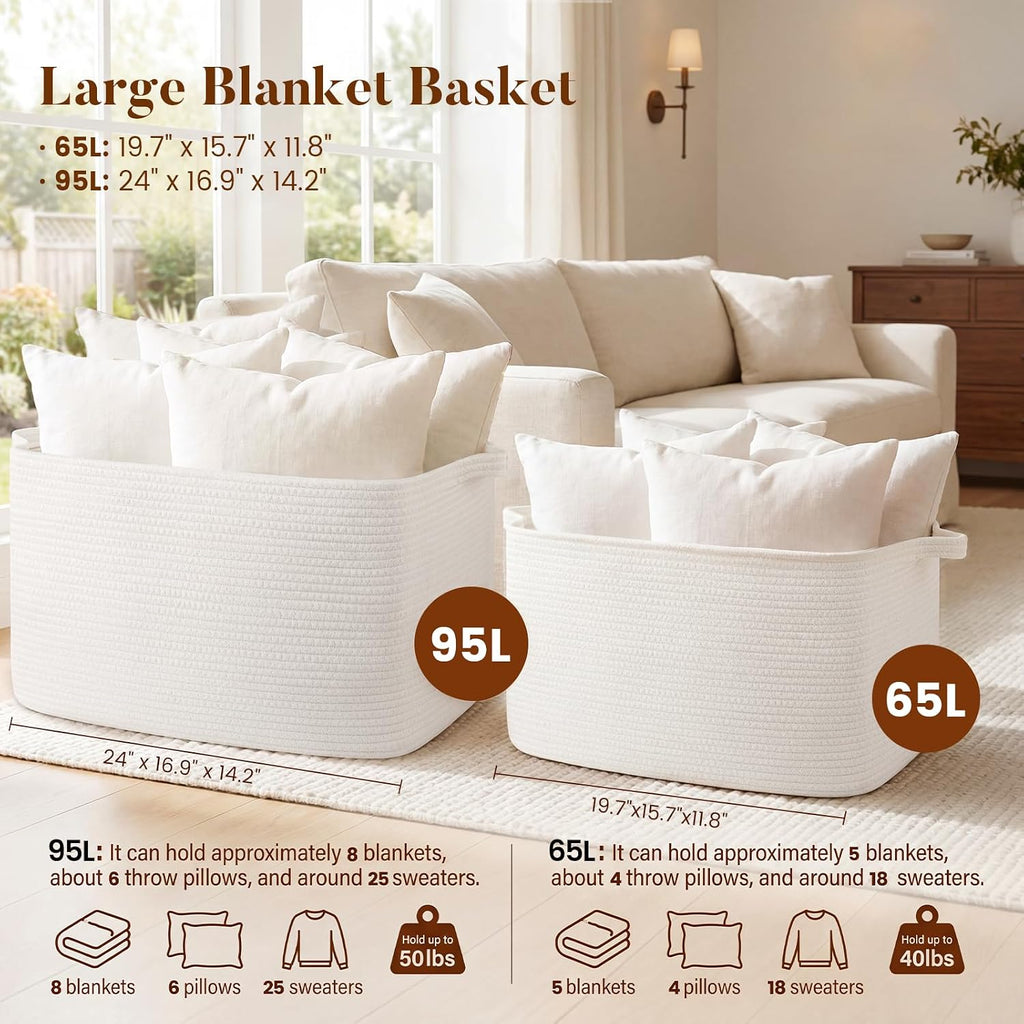 65L Large Woven Blanket Basket for Living Room, 19.7"x15.7"x11.8"