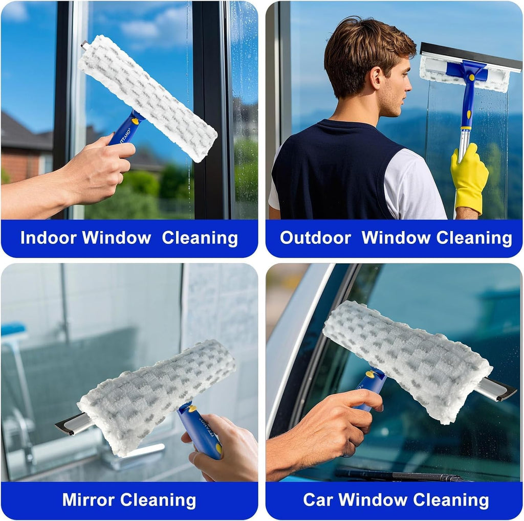 86.6" Window Squeegee Cleaner,2 in 1 Window Cleaning Tool Kit,Shower Squeegee with Extension Pole，Glass Cleaning Tools for Shower Glass,Indoor/Outdoor High Window Cleaning-Two Pads