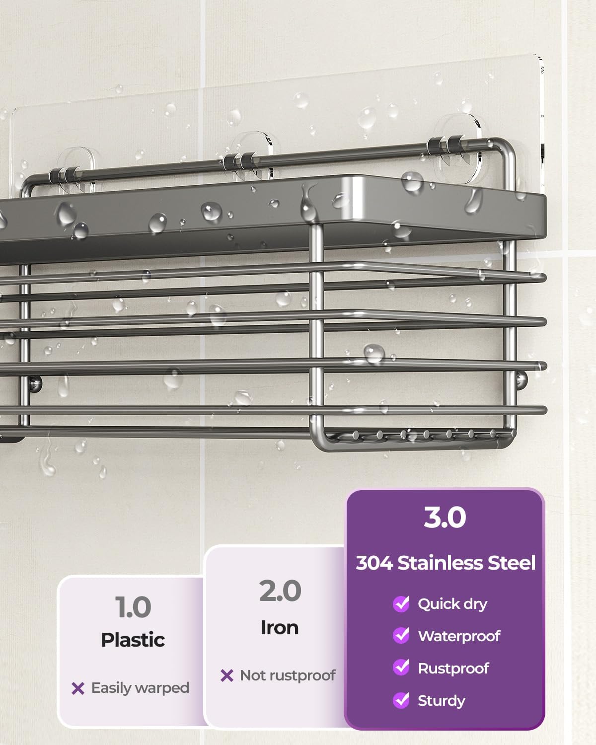 Shower Caddy Adhesive 3 Pack Stainless Steel Storage Organizers-Grey