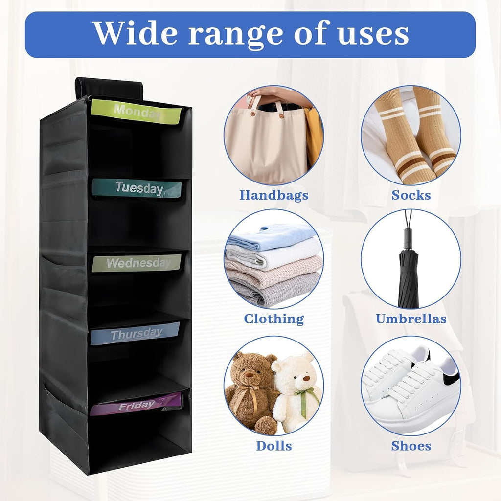 5-Shelf Weekly Clothes Organizer for Kids School Outfits (Black)
