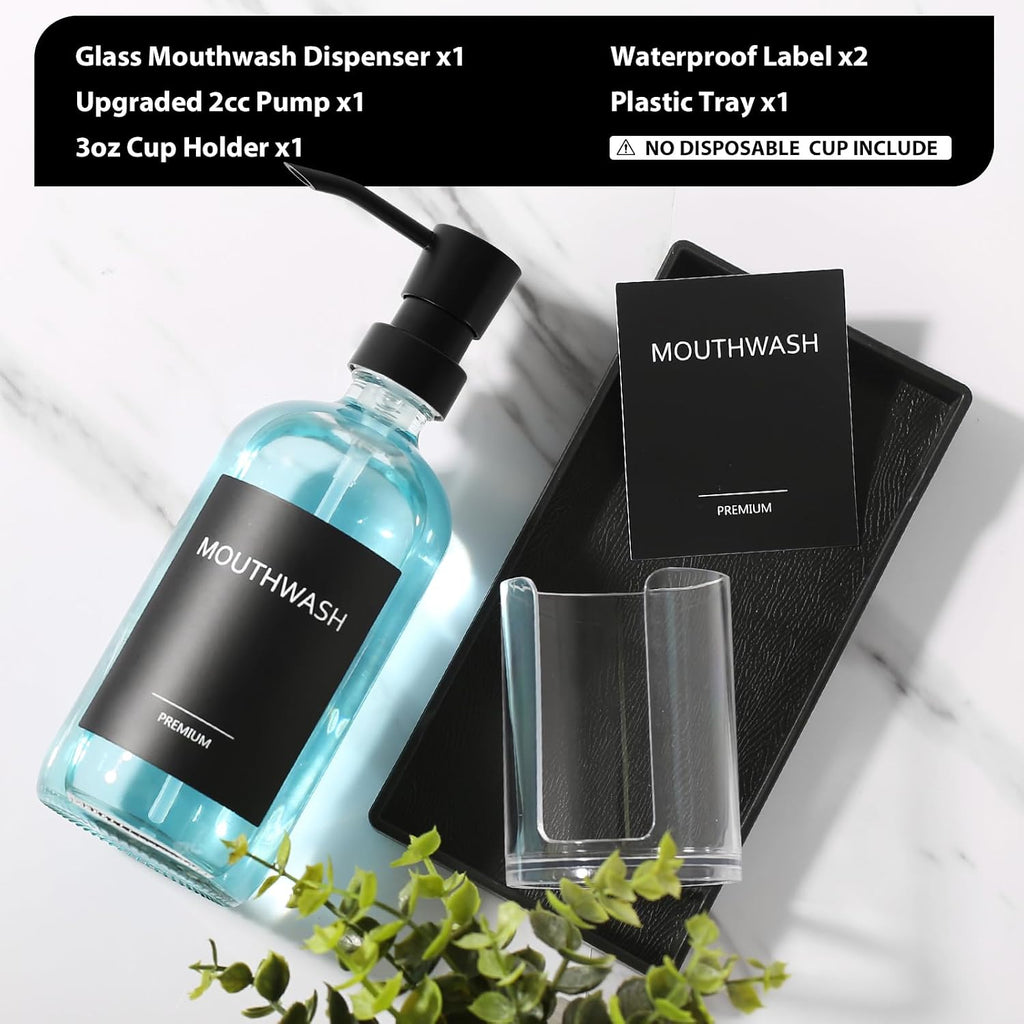 Mouthwash Dispenser for Bathroom, Glass Mouth Wash Pump Dispenser with Cup Holder, 17 Fl Oz Mouthwash Bottle Decanter with Tray, Refillable Mouthwash Dispenser Container