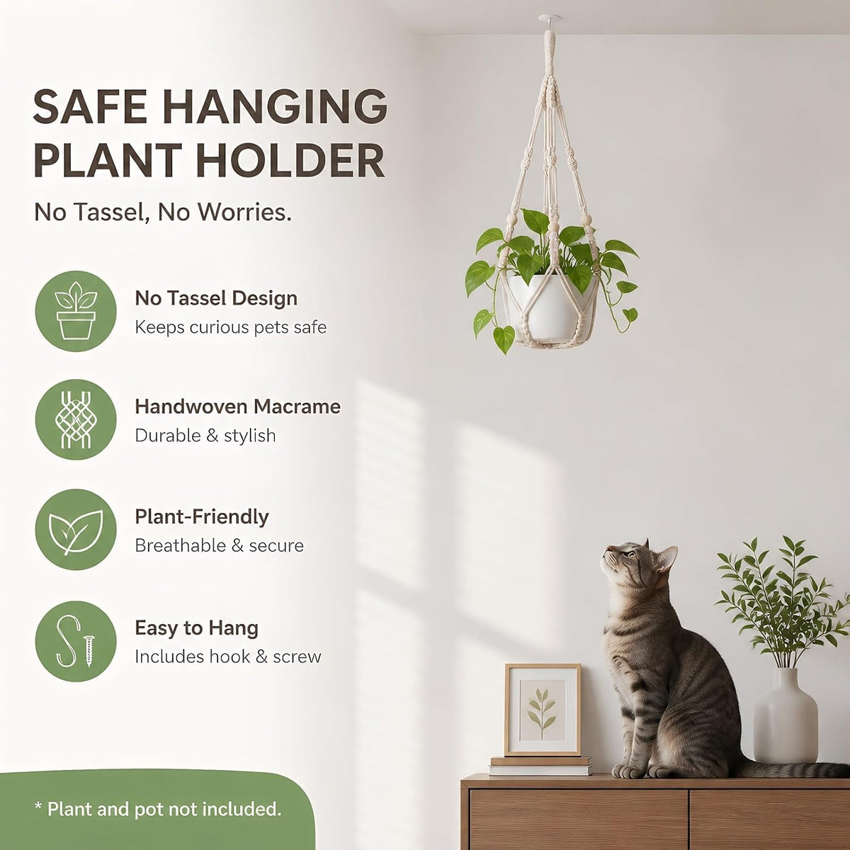 Macrame Plant Hanger Indoor, 23" No Tassel Hanging Plant Holder, Sturdy Flower Pot Holder with 2 Hooks - Ivory (Pot NOT Included)