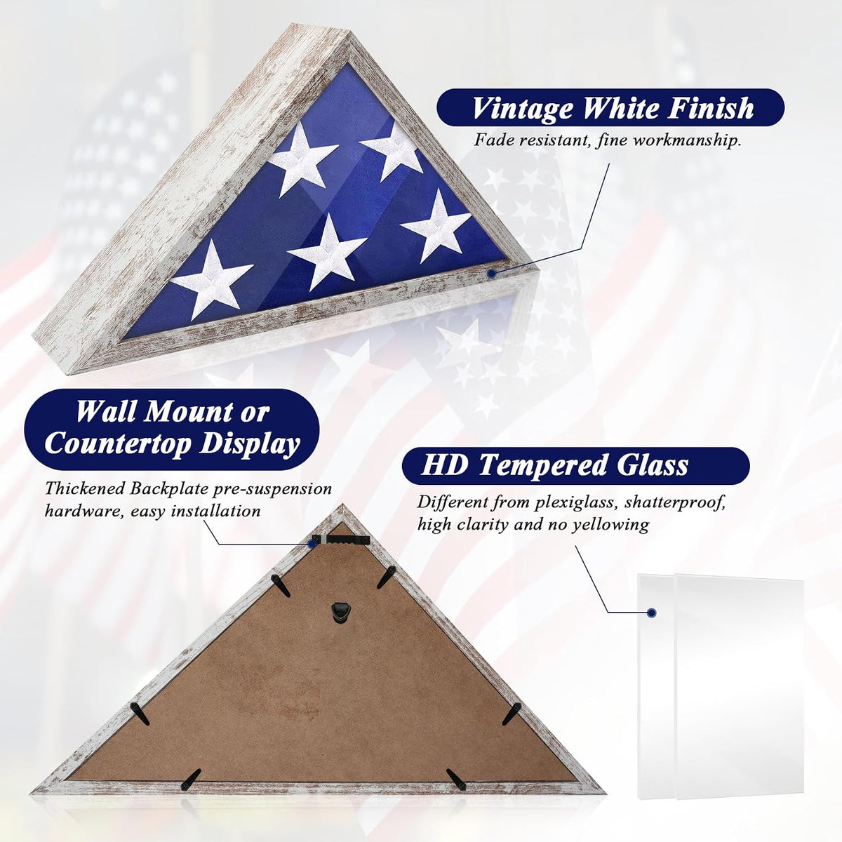 ASmileIndeep Flag Display Case for 3' x 5' Flag, American Flag Shadow Box with HD Tempered Glass and Wall Mount, Folded Triangle Flag Holder Frame for Small Flag (Not for Burial Flag) - Vintage White
